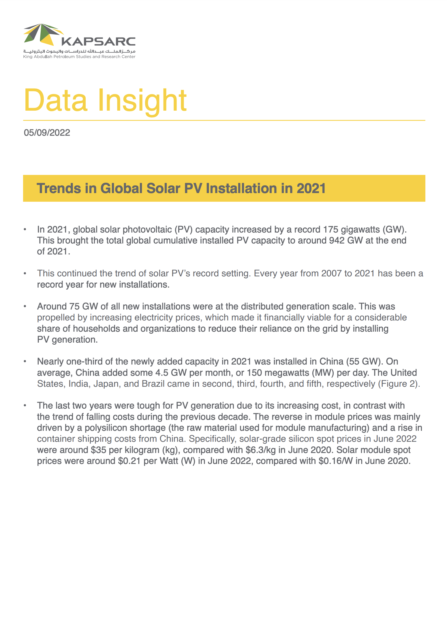 Trends in Global Solar PV Installation in 2021