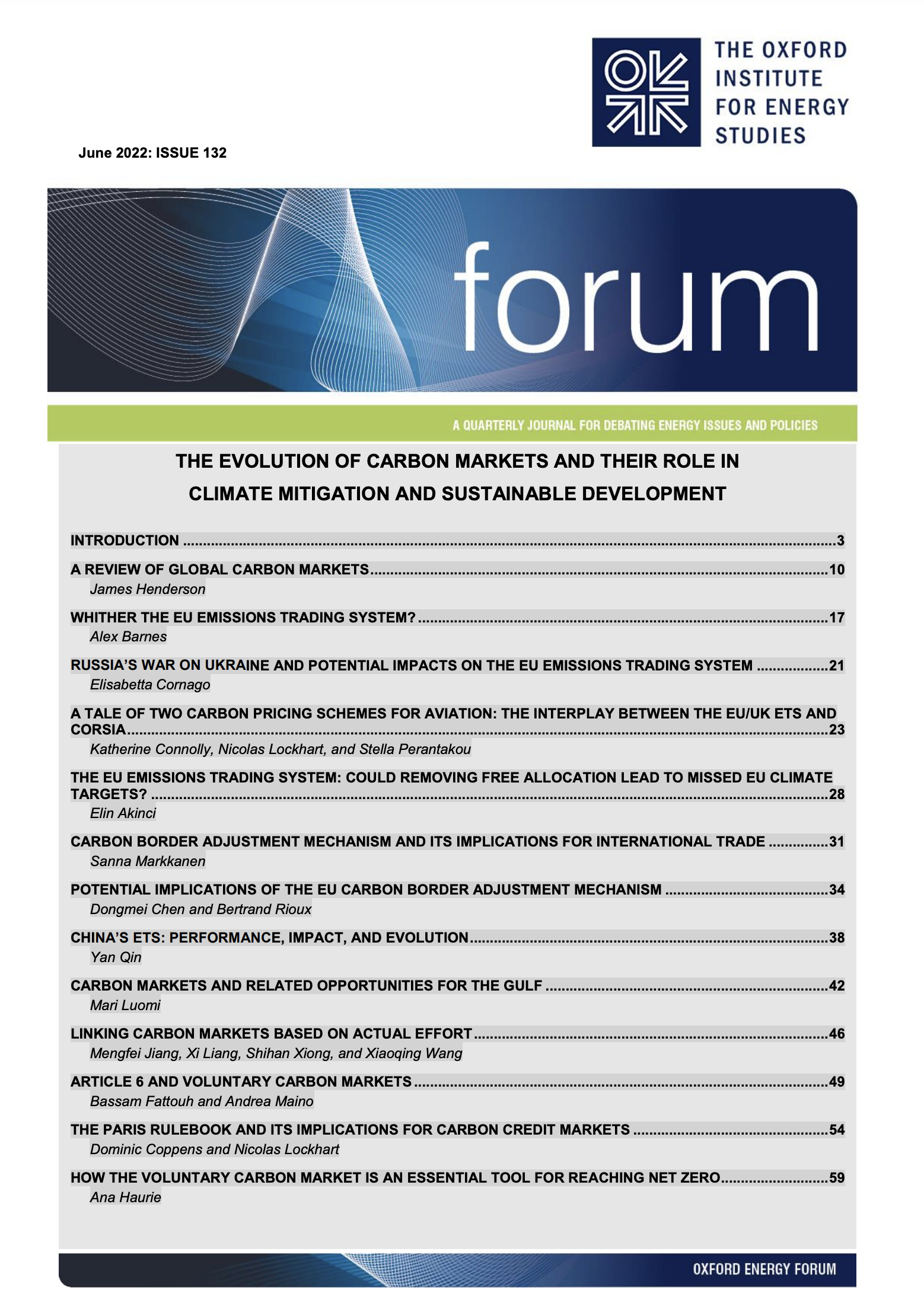 New Oxford Energy Forum – The Evolution of Carbon Markets and their Role in Climate Mitigation and Sustainable Development – Issue 132