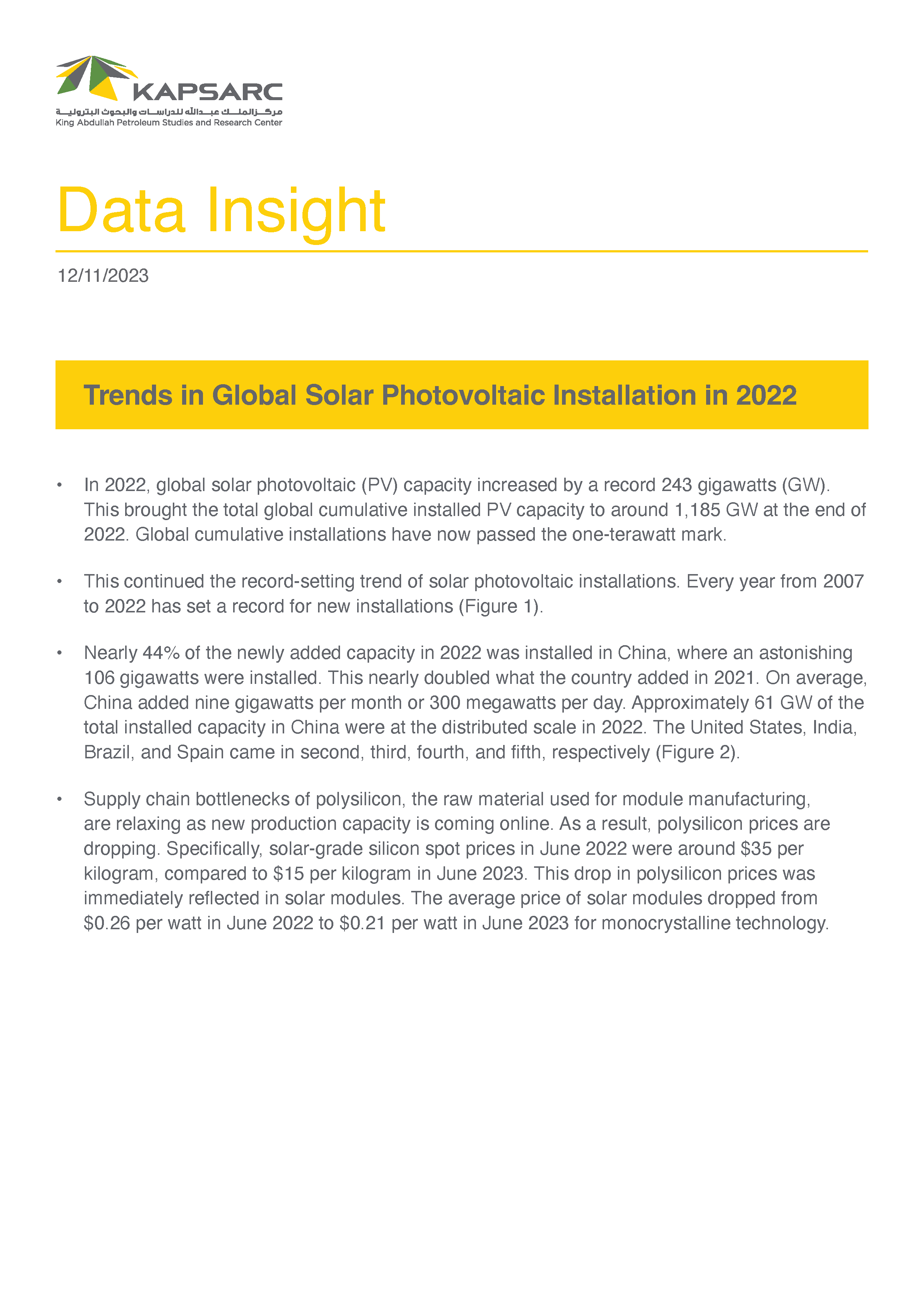 Trends in Global Solar PV Installation in 2022