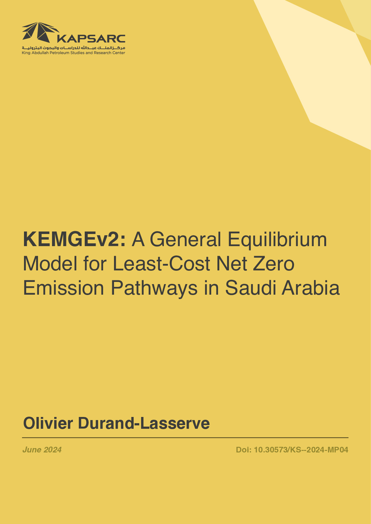 KEMGEv2: A General Equilibrium Model for Least-Cost Net Zero Emission Pathways in Saudi Arabia